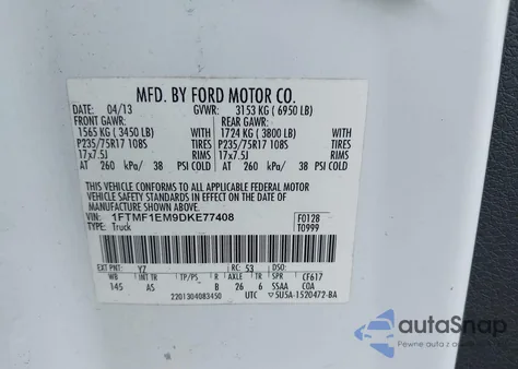 2013 Ford F-150 Xl z USA, uszkodzony, nr VIN 1FTMF1EM9DKE77408